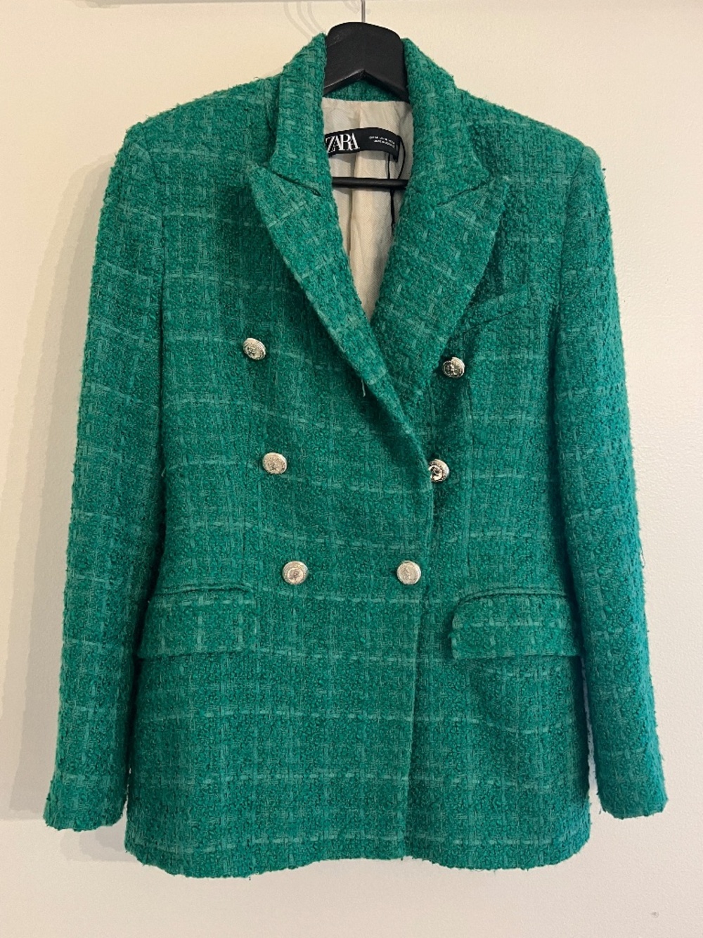 Zara Green Bouclé Tweed Double Breasted Blazer Size M Gold Button Jacket